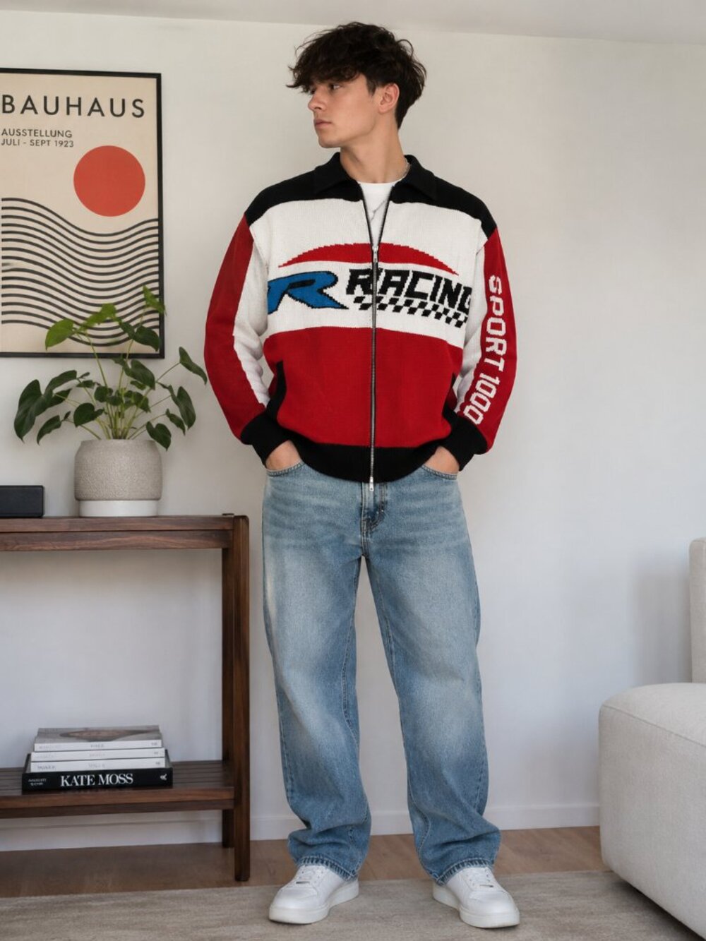 Copper Rivet Racing Full Zip Knit Sweater Jacket XL Red Black Graphic Racing